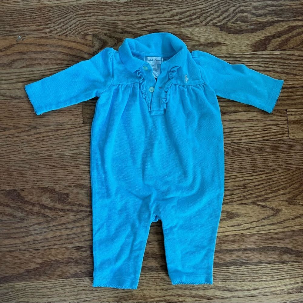 Ralph Lauren 6 Month Outfit Teal Blue Long Sleeve Ruffle Hem